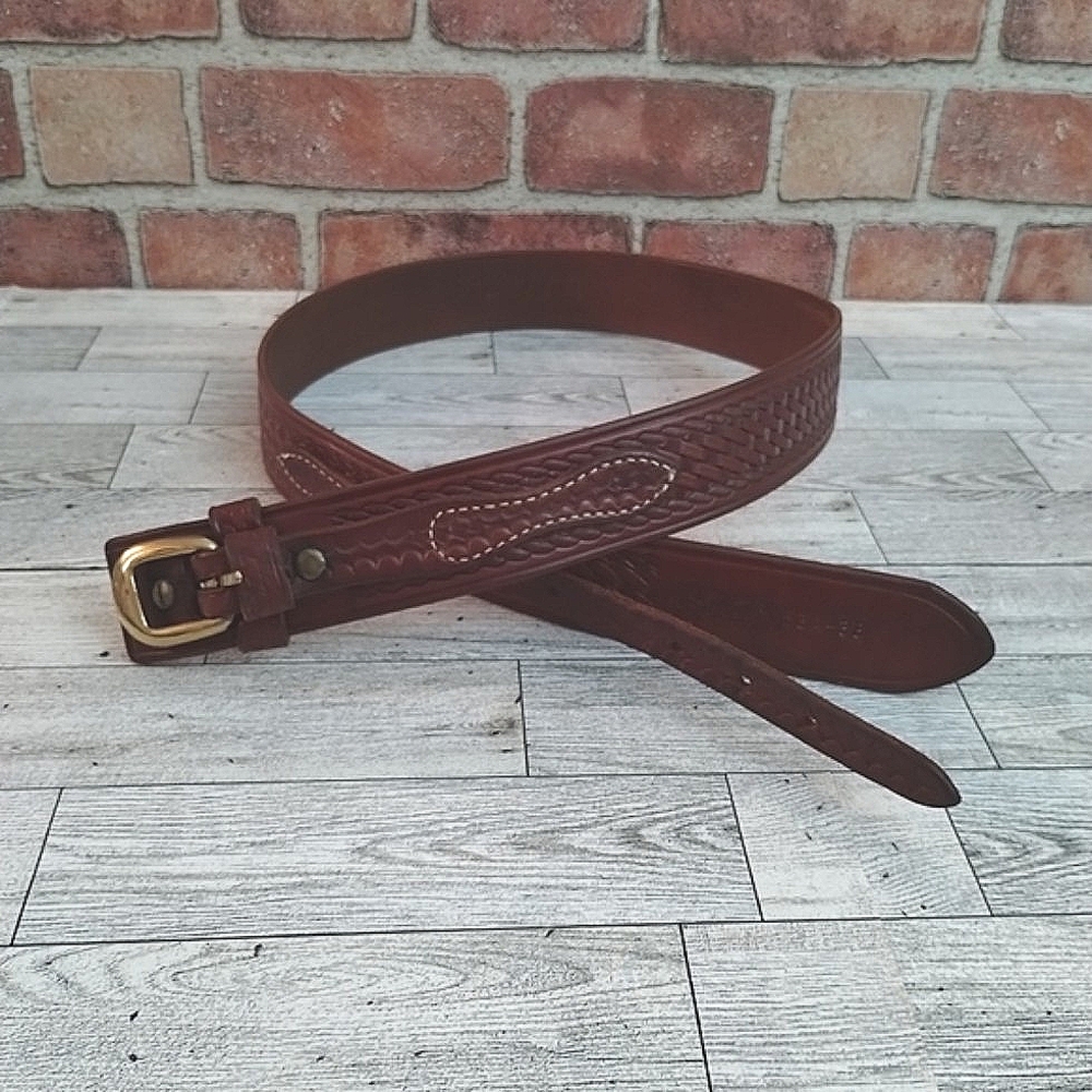 Men's Cabella Western Style Brown Leather Belt With Gold Metal Buckle Size 38